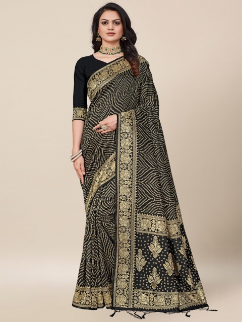 

AYKA CLOTHINGS Black & Gold-Toned Bandhani Silk Cotton Banarasi Saree