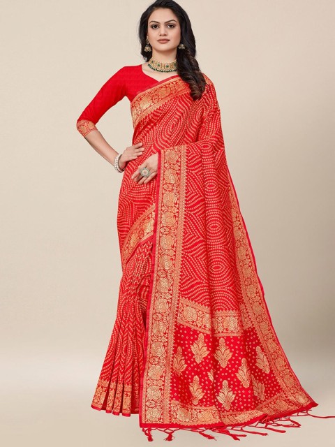 

AYKA CLOTHINGS Red & Gold-Toned Bandhani Zari Silk Cotton Heavy Work Banarasi Saree
