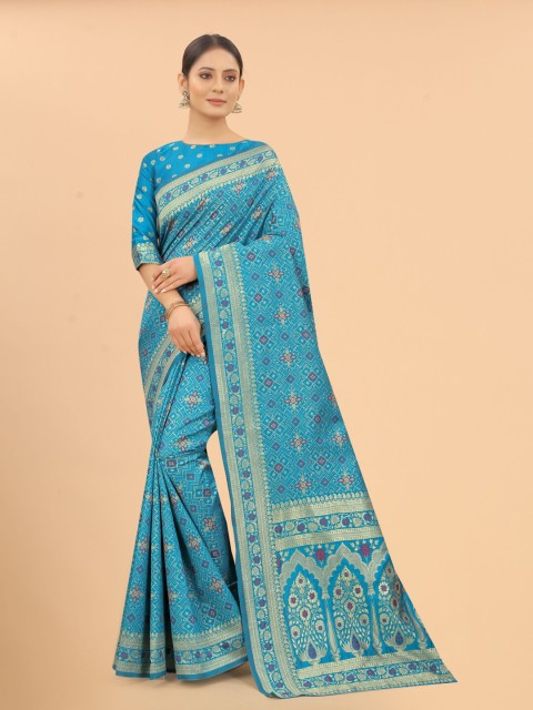 

WELL WORN Blue & Gold-Toned Woven Design Zari Silk Cotton Banarasi Saree