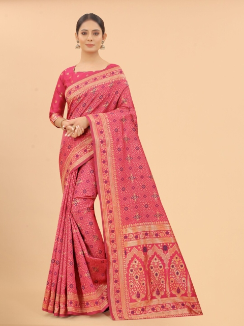 

WELL WORN Pink & Gold-Toned Woven Design Zari Silk Cotton Ready to Wear Banarasi Saree