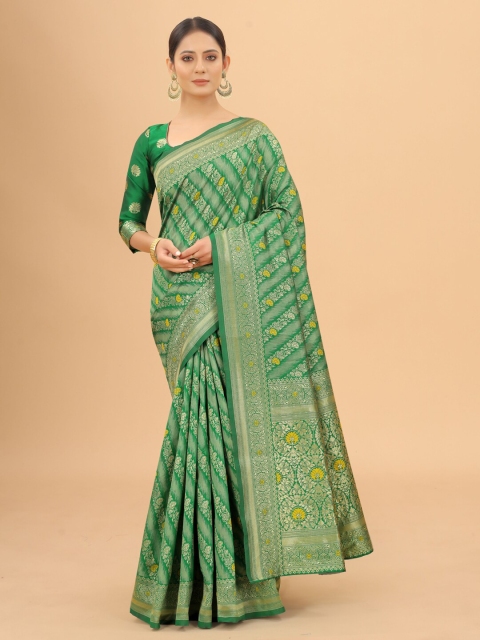 

WELL WORN Green & Yellow Woven Design Zari Silk Cotton Ready to Wear Banarasi Saree