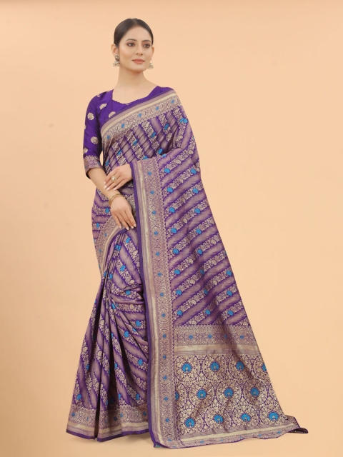 

WELL WORN Purple & Blue Woven Design Zari Silk Cotton Ready to Wear Banarasi Saree