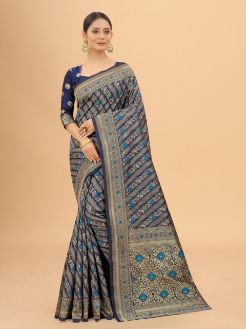 

WELL WORN Navy Blue & Blue Woven Design Zari Silk Cotton Ready to Wear Banarasi Saree