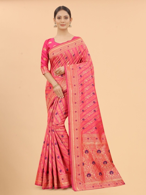 

WELL WORN Peach-Coloured & Purple Woven Design Zari Silk Cotton Ready to Wear Banarasi Saree