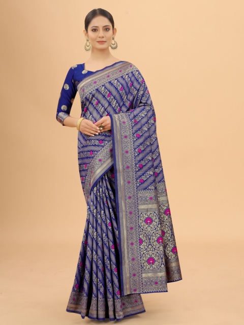 

WELL WORN Blue & Pink Woven Design Zari Silk Cotton Ready to Wear Banarasi Saree