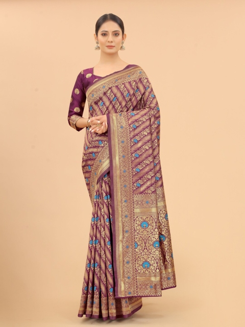 

WELL WORN Purple & Blue Woven Design Zari Silk Cotton Ready to Wear Banarasi Saree