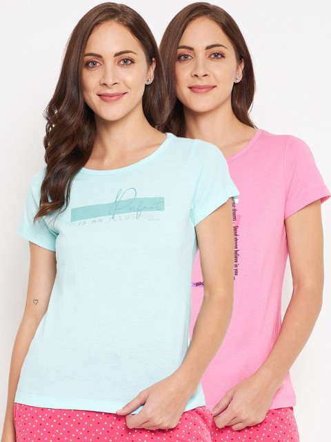 

MADAME M SECRET Pack Of 2 Blue & Pink Printed Cotton Lounge T-shirt