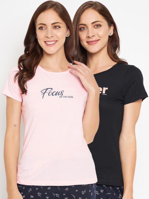 

MADAME M SECRET Women Pack of 2 Pink & Black Solid Cotton Lounge Tshirts