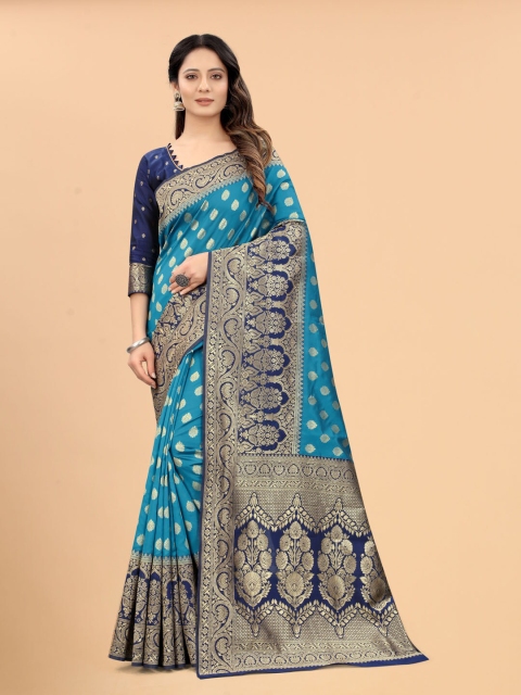

WELL WORN Blue & Navy Blue Woven Design Zari Silk Cotton Banarasi Saree
