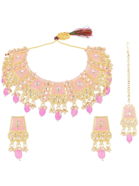 

Efulgenz Gold-Plated Pink Kundan-Studded & Beaded Jewellery Set