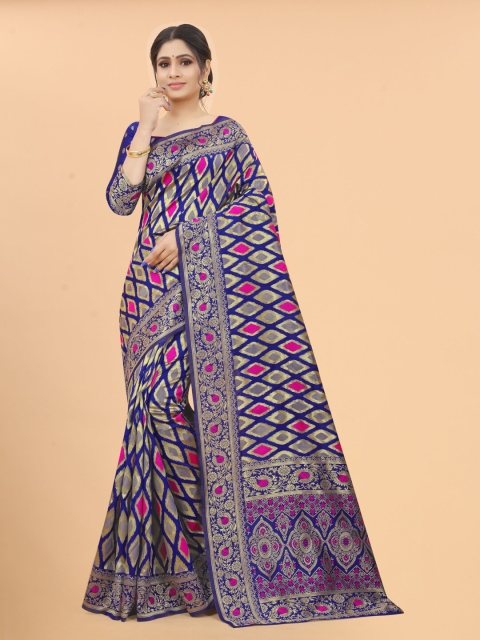 

WELL WORN Navy Blue & Gold-Toned Woven Design Silk Cotton Banarasi Saree