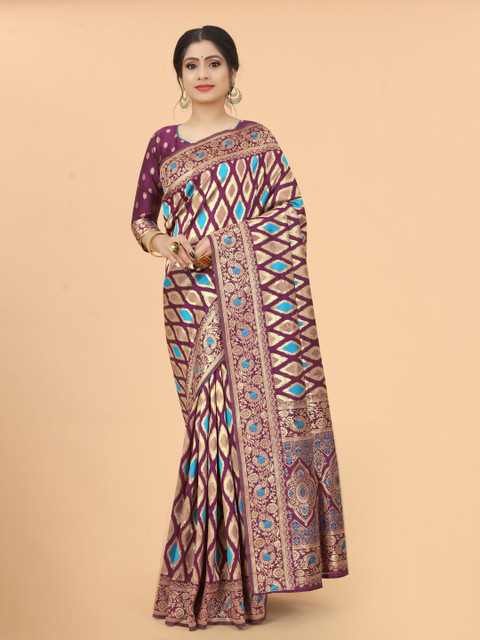 

WELL WORN Maroon & Blue Woven Design Zari Silk Cotton Ready to Wear Banarasi Saree