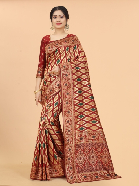 

WELL WORN Maroon & Gold-Toned Woven Design Zari Silk Cotton Ready to Wear Banarasi Saree