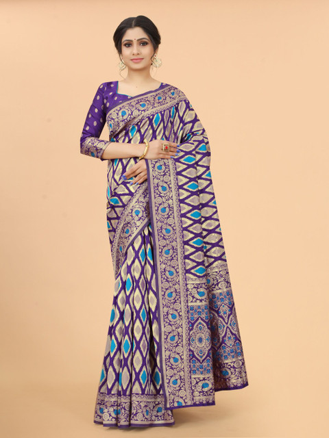 

WELL WORN Purple & Blue Woven Design Zari Silk Cotton Banarasi Saree