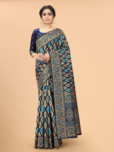 

WELL WORN Navy Blue & Gold-Toned Woven Design Zari Silk Cotton Banarasi Saree