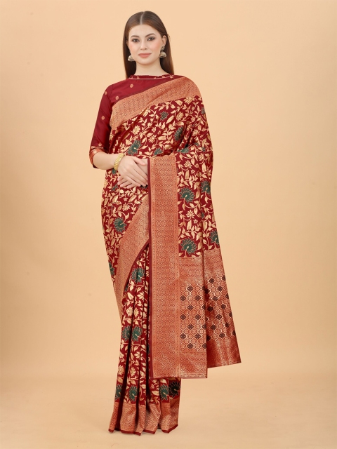 

WELL WORN Maroon & Green Woven Design Zari Silk Cotton Ready to Wear Banarasi Saree
