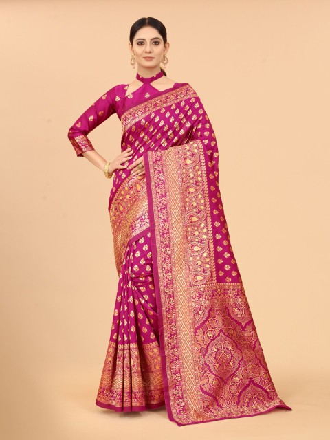 

WELL WORN Pink & Gold-Toned Woven Design Zari Silk Cotton Ready to Wear Banarasi Saree