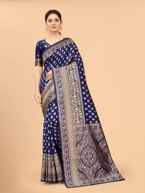 

WELL WORN Navy Blue & Gold-Toned Woven Design Zari Silk Cotton Ready to Wear Banarasi Saree