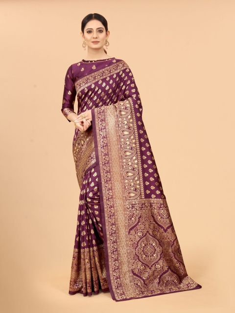 

WELL WORN Purple & Gold-Toned Woven Design Zari Silk Cotton Ready to Wear Banarasi Saree