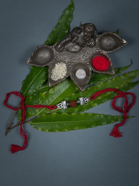 

creyons by mansi Men Red & Silver-Toned Beaded Rakhi