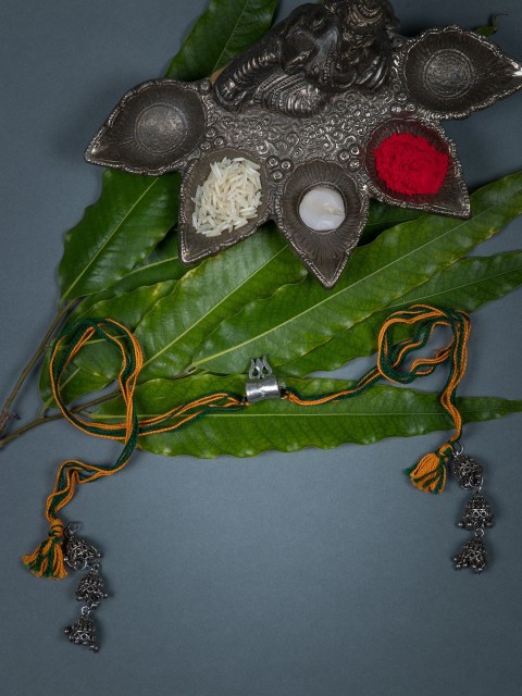 

creyons by mansi Yellow & Green Silver-Toned Lumba Bhabhi Rakhi