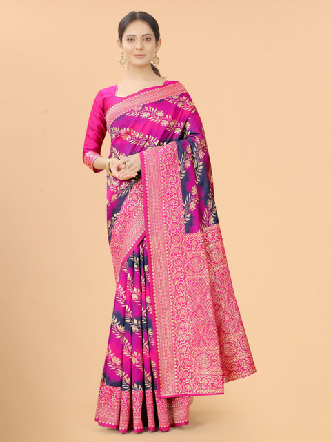 

WELL WORN Fuchsia & Navy Blue Woven Design Zari Silk Cotton Ready to Wear Banarasi Saree