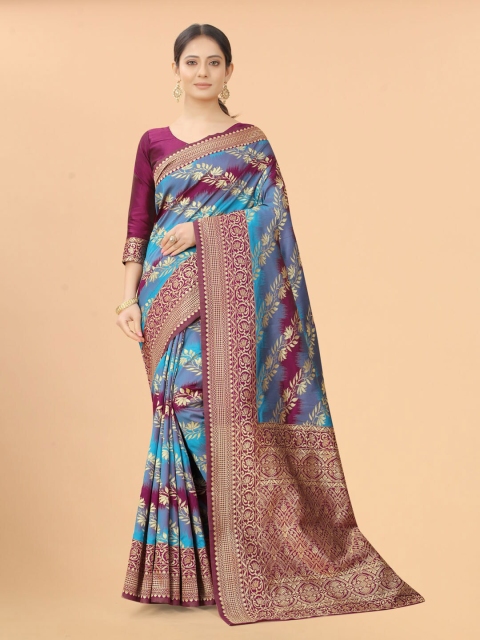 

WELL WORN Blue & Burgundy Woven Design Zari Silk Cotton Ready to Wear Banarasi Saree