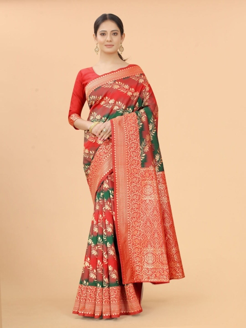 

WELL WORN Red & Gold-Toned Woven Design Zari Silk Cotton Ready to Wear Banarasi Saree