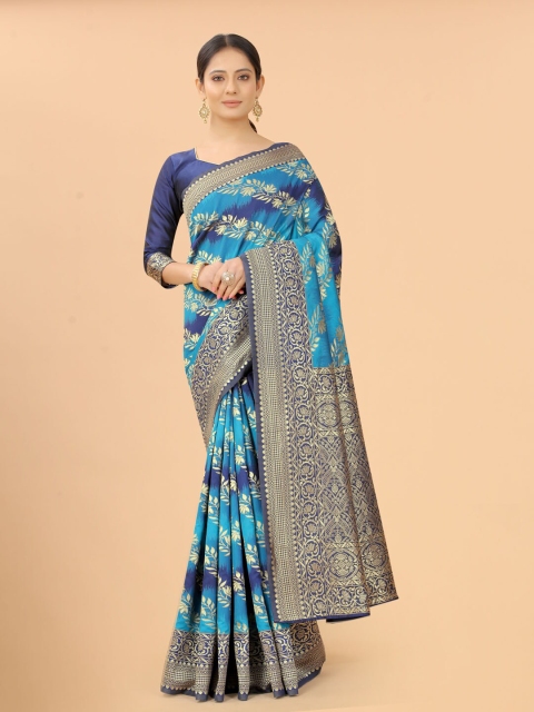 

WELL WORN Blue & Gold-Toned Woven Design Silk Cotton Ready To Wear Banarasi Saree