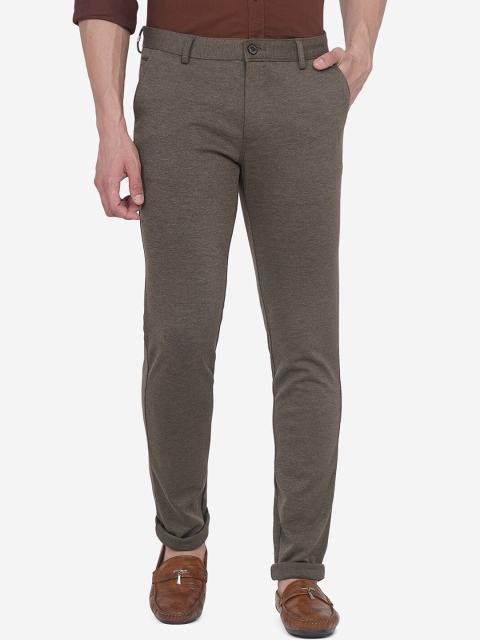 

JADE BLUE Men Brown Textured Printed Slim Fit Trousers