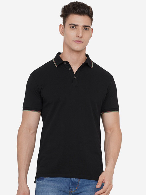 

JADE BLUE Men Black Polo Collar Pure Cotton Slim Fit T-shirt