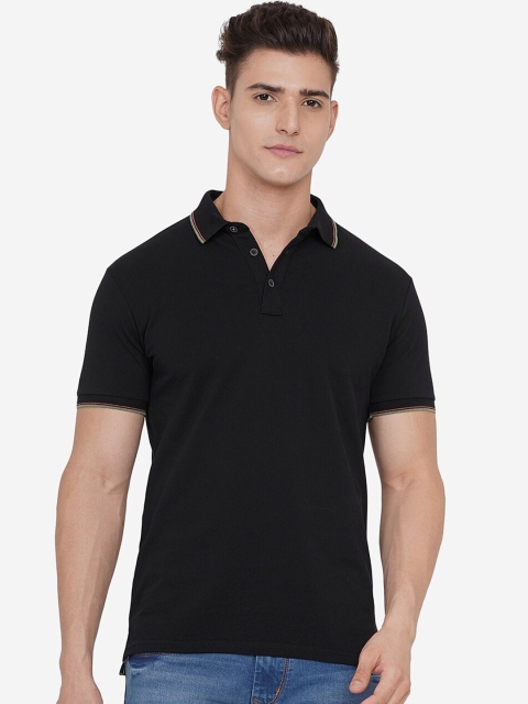 

JADE BLUE Men Black Polo Collar Pure Cotton Slim Fit T-shirt