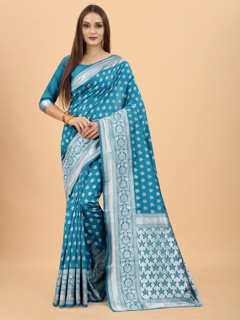 

WELL WORN Turquoise Blue & Silver-Toned Woven Design Zari Silk Cotton Ready to Wear Banarasi Saree