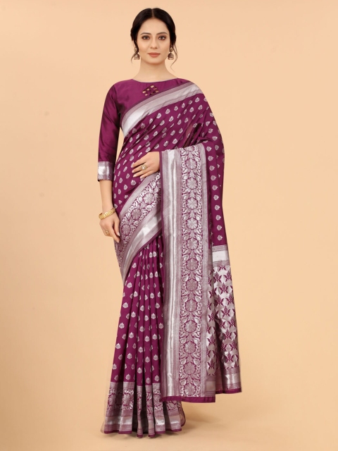 

WELL WORN Purple & Silver-Toned Woven Design Zari Silk Cotton Ready to Wear Banarasi Saree