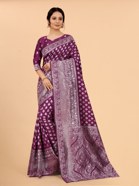 

WELL WORN Burgundy & Silver-Toned Woven Design Zari Silk Cotton Ready to Wear Banarasi Saree