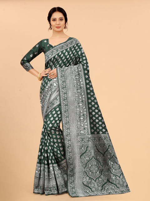 

WELL WORN Green & Silver-Toned Woven Design Zari Silk Cotton Ready to Wear Banarasi Saree