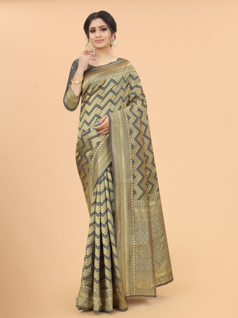 

WELL WORN Grey & Gold-Toned Woven Design Zari Silk Cotton Banarasi Saree