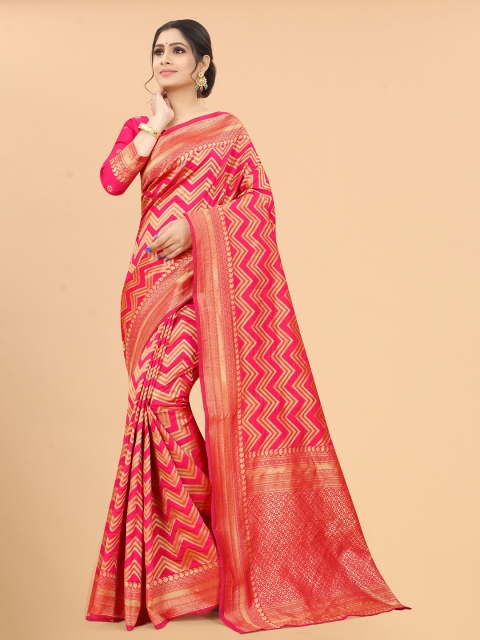 

WELL WORN Pink & Gold-Toned Woven Design Zari Silk Cotton Banarasi Saree