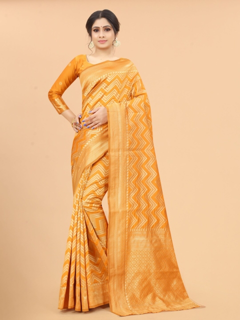 

WELL WORN Gold-Toned & Orange Woven Design Zari Silk Cotton Ready to Wear Banarasi Saree