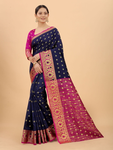 

WELL WORN Navy Blue & Fuchsia Woven Design Zari Silk Cotton Ready to Wear Banarasi Saree