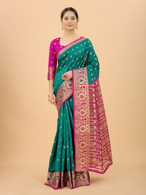 

WELL WORN Green & Pink Woven Design Zari Silk Cotton Ready to Wear Banarasi Saree