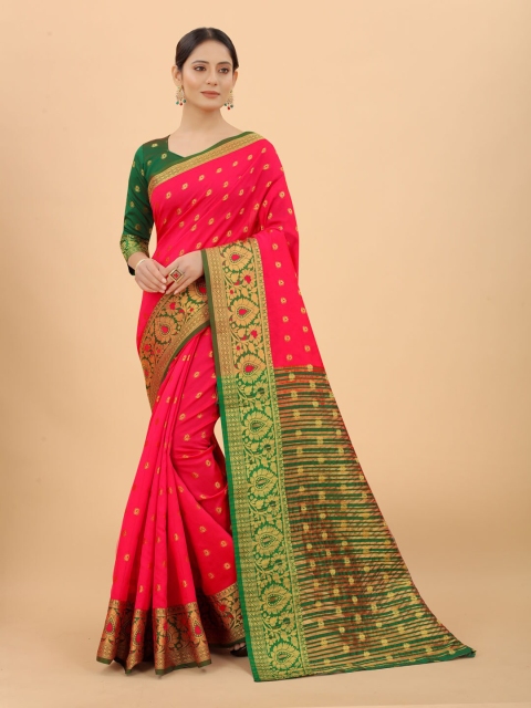 

WELL WORN Orange & Green Woven Design Zari Silk Cotton Ready to Wear Banarasi Saree