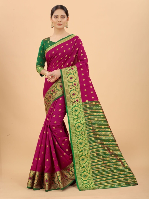 

WELL WORN Magenta & Green Floral Zari Silk Cotton Banarasi Saree