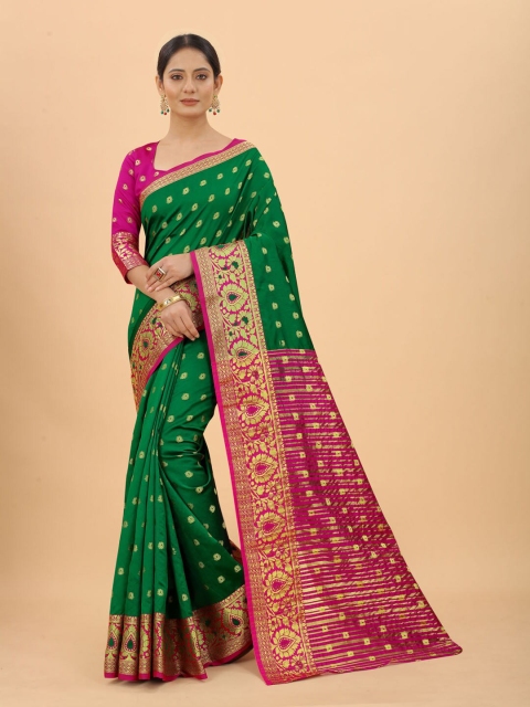 

WELL WORN Green & Fuchsia Woven Design Zari Silk Cotton Ready to Wear Banarasi Saree