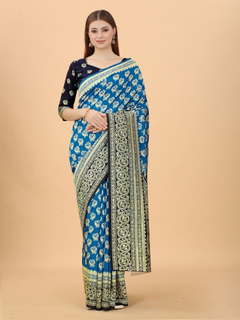 

WELL WORN Blue & Gold-Toned Woven Design Zari Silk Cotton Banarasi Saree