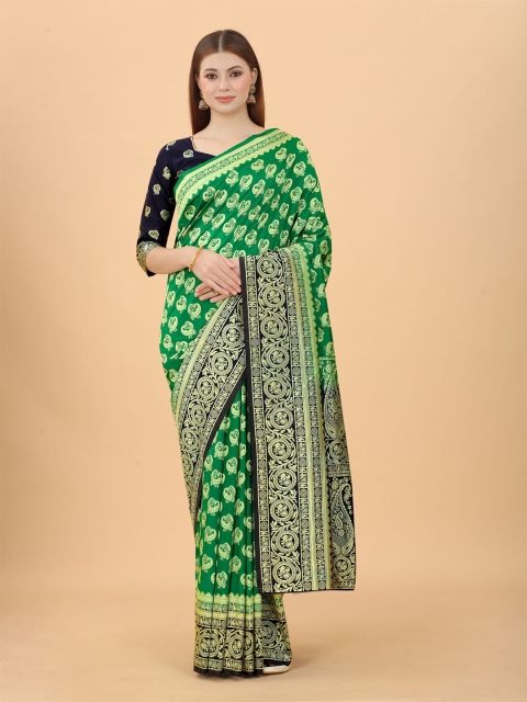

WELL WORN Green & Navy Blue Woven Design Zari Silk Cotton Banarasi Saree