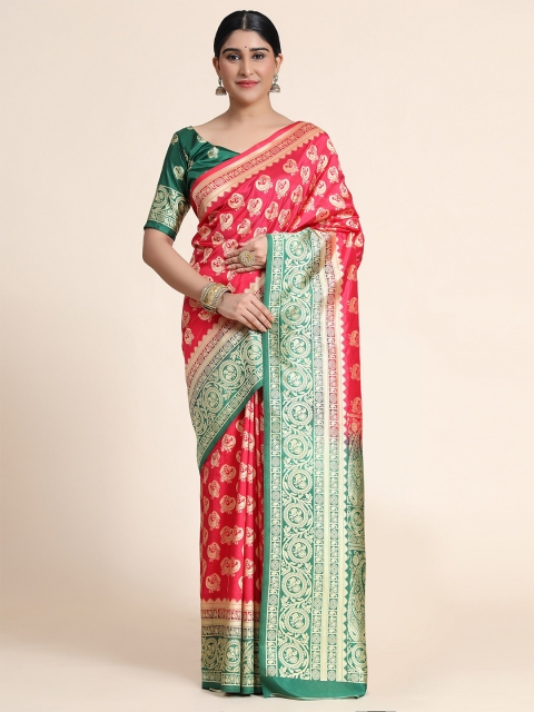 

WELL WORN Pink & Green Woven Design Zari Silk Cotton Ready to Wear Banarasi Saree