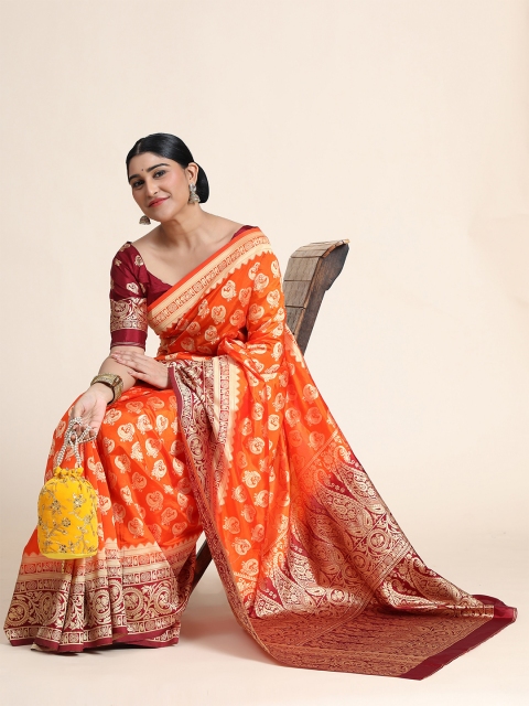 

WELL WORN Orange & Red Woven Design Zari Silk Cotton Ready to Wear Banarasi Saree