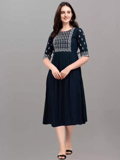 

RUHI FASHION Navy Blue & White Floral Embroidered Empire Midi Dress