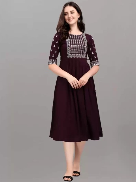 

RUHI FASHION Burgundy & White Embroidered A-Line Ethnic Midi Dress
